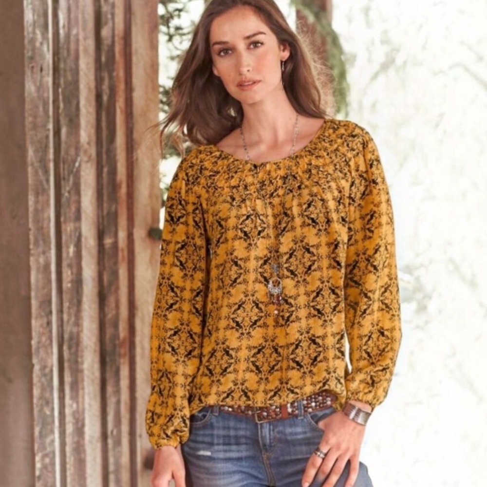 Sundance Anne Silk Peasant Blouse Damask Floral Print Mustard Gold XL